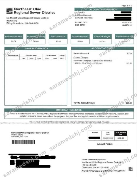 USA NRTHEAST OHIO REGIONAL SEWER DISTRICT utility bill Word and PDF template